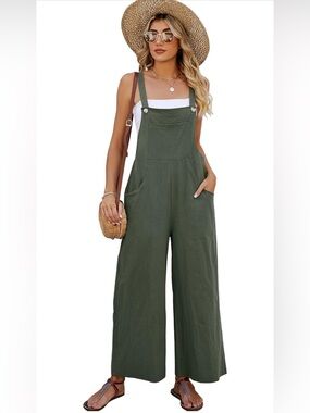Flygo Women's Cotton Overalls Loose Fit Wide Leg Jumpsuit with Pockets